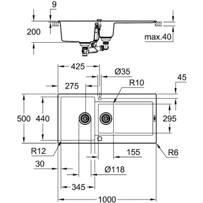 GROHE Evier de cuisine composite avec égouttoir K500, 1000 x 500 mm,