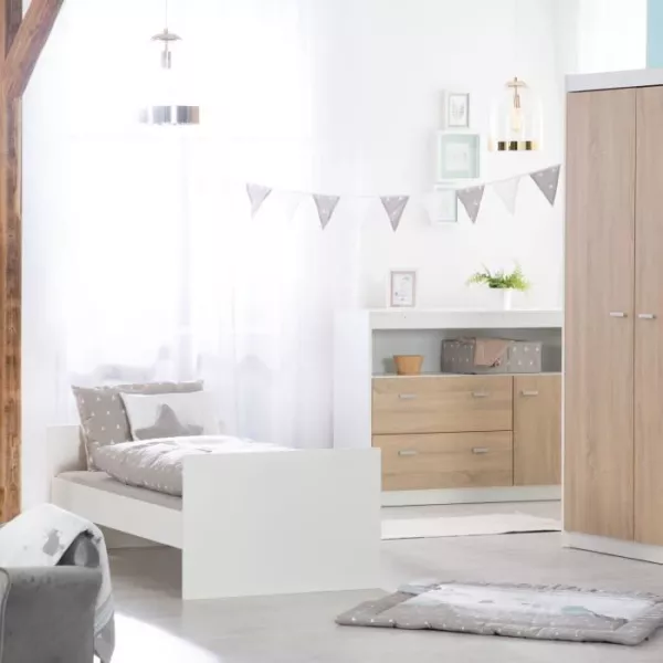 Chambre bébé duo - Lit évolutif 70 x 140 cm + Commode a langer avec plan a langer inclus - ROBA - Bicolore blanc / décor che