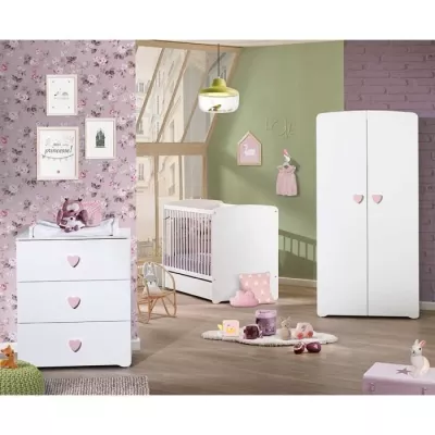 Chambre bébé trio Basic coeur: lit 120x60, commode a langer et armoi