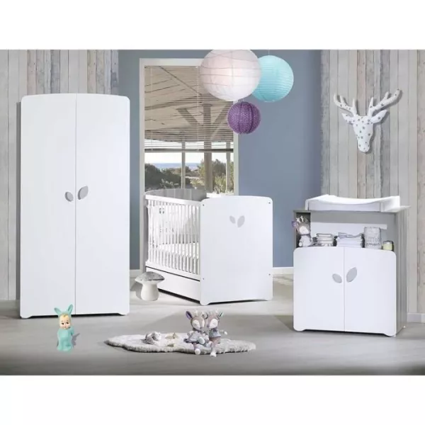 Chambre bébé trio Leaf: lit 120x60, commode a langer et armoire - Babyprice - Blanc