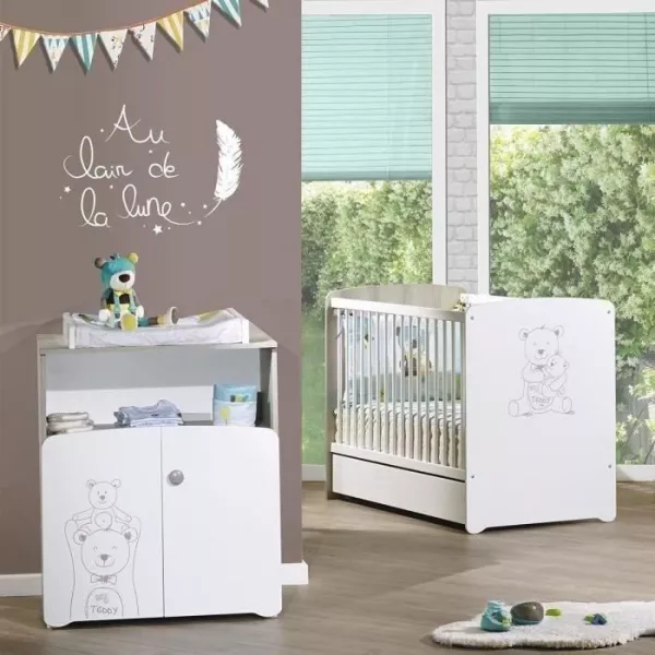 Teddy baby room: 120x60 bed, changing dresser - Babyprice - White