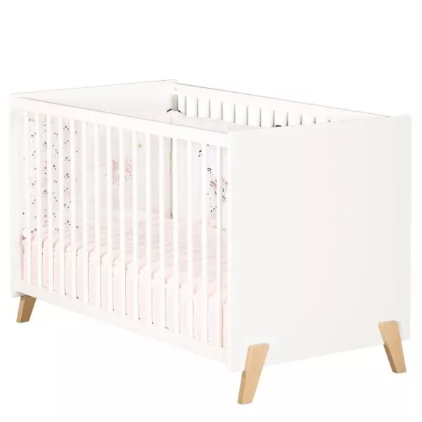 Baby cot - 120 x 60 cm - Babyprice Joy Natural - White - On natural wooden feet