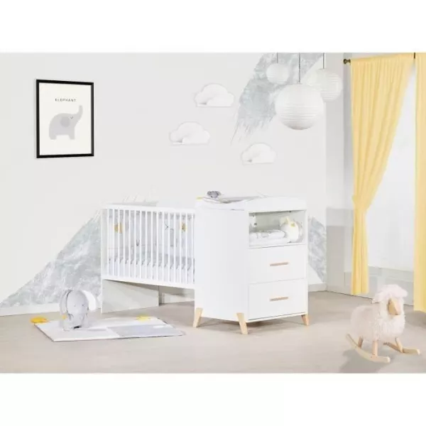 Lit Combiné - 120x60cm - Evolutif en 90x190cm - Babyprice Joy Naturel - Blanc sur pieds en bois naturel