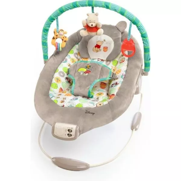 DISNEY BABY Transat Winnie l'Ourson, Cale tete ergonomique amovible, Vibrations, 7 mélodies, Arche d'éveil avec 3 jouets