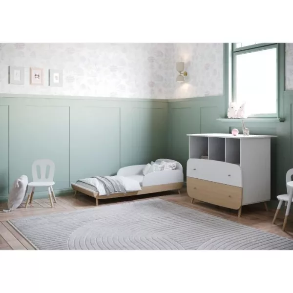 Ens. lit bébé 70 x 140 Kit évolutif, commode 2 tiroirs, 3 niches et 1 plan a langer - FIRMIANA - Scandinave - Blanc/bois - DE