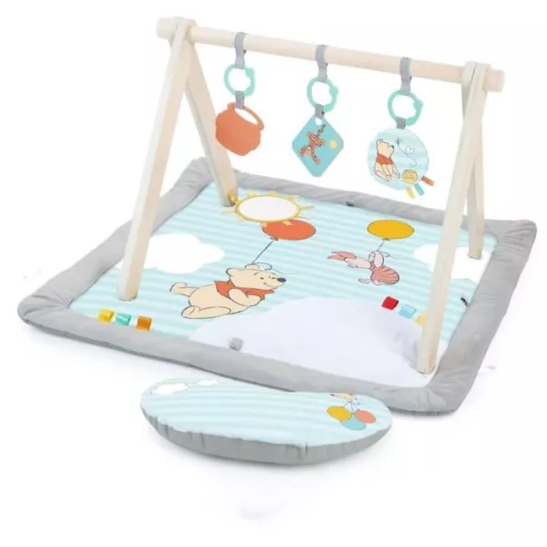 DISNEY BABY Tapis d'éveil Winnie l'Ourson, Arche de jeu pliable en bois, Jouets multisensoriels, Coussin de support position pl