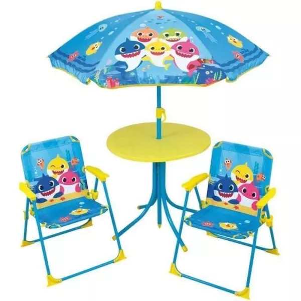 FUN HOUSE Baby Shark Garden furniture - 1 table H.46xø46 cm, 2 chairs H.53xW.38.5xD.37.5 cm and 1 parasol H.125 x ø100 cm