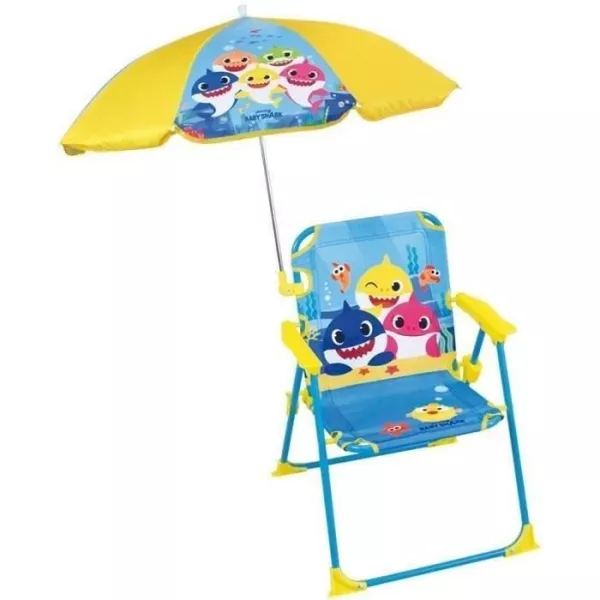 FUN HOUSE Baby Shark Folding camping chair with parasol - H.38.5 x W.38.5 x D.37.5 cm + parasol ø 65 cm - For children