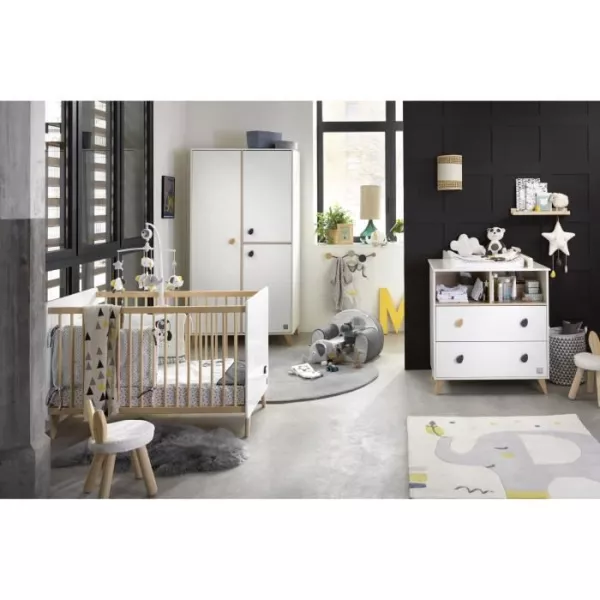 Chambre bébé trio OSLO - Lit 120x60 + Commode a langer 2 tiroirs étoiles + Armoire 3 portes - SAUTHON