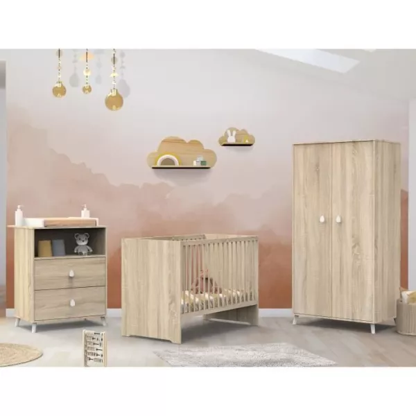 Chambre bébé trio MONTANA - Lit 120x60 + Commode a langer 2 tiroirs + armoire 2 portes - décor chene doré - SAUTHON