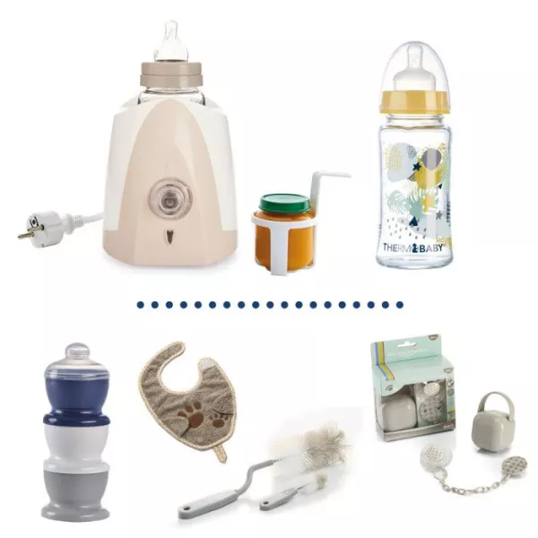 Chauffe biberon + Biberon verre 230ml + Goupillon biberon + Boîte doseuse de lait + Bavoir + Coffret Boîte a sucettes