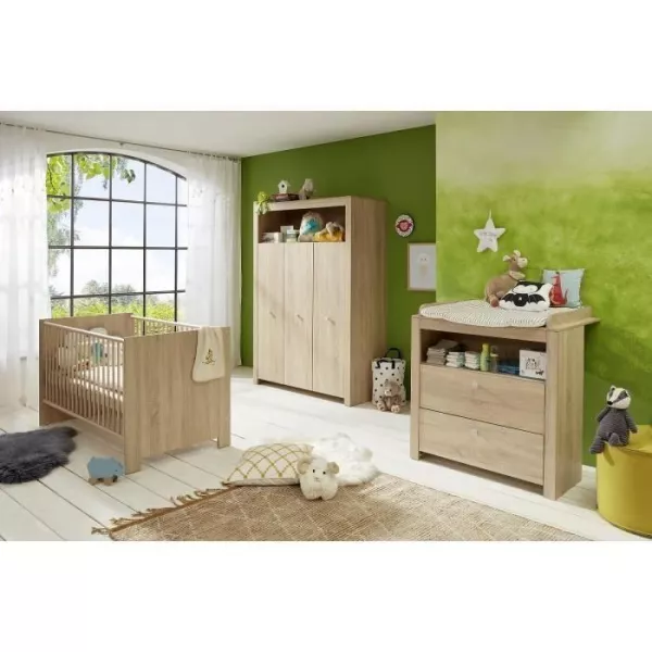 Baby room Trio : Bed 70 x 140 cm + Changing comfort + Wardrobe OLIVIA - Chene - TREND TEAM