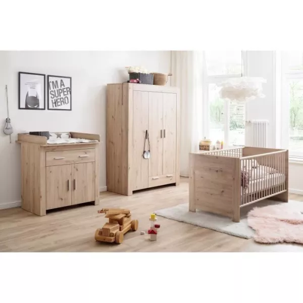 Baby room Trio : Bed 70 x 140 cm + Convenience for changing + Cabinet AHOI - Chene - TREND TEAM