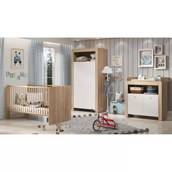 Baby room trio PIA - Bed 70x140 cm + Convenience for changing 2 doors + Wardrobe 2 doors - Décor chene sonoma et blanc matte - T