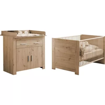 Chambre bébé Duo : Lit 70 x 140 cm + Commode a langer AHOI - Chene -