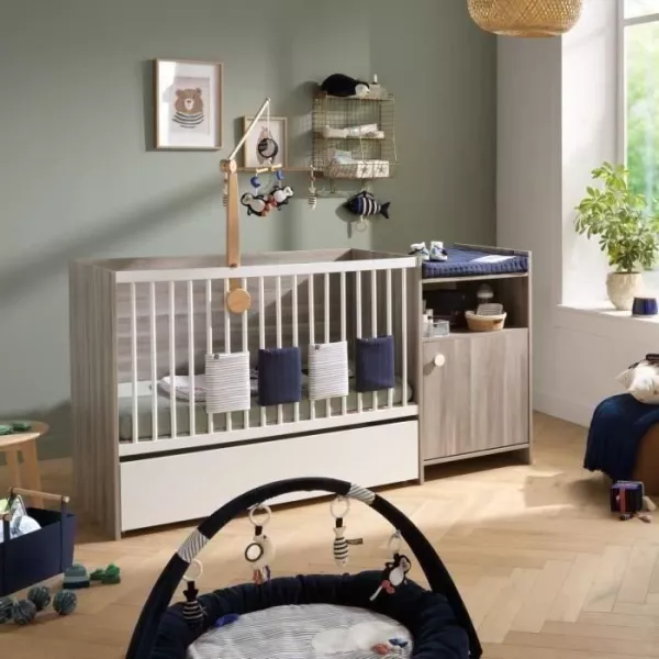 Combined baby cot - 120x60cm - Evolutive in 90x190cm - Babyprice Up - Chene - With changing dresser 1 door