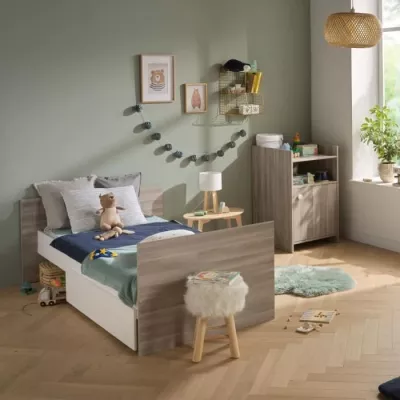 Combined baby cot - 120x60cm - Evolutive in 90x190cm - Babyprice Up - Chene - With changing dresser 1 door