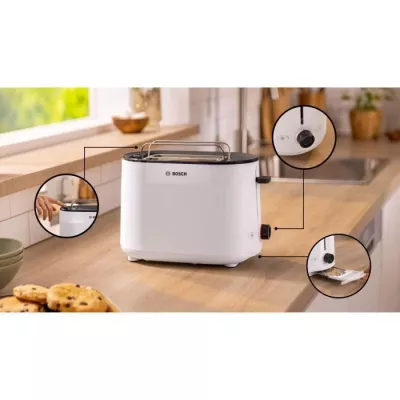 Toaster - BOSCH - TAT2M121 MyMoment - Blanc - 2 tranches - centrage automatique du pain - fonctions décongélation et réchauff