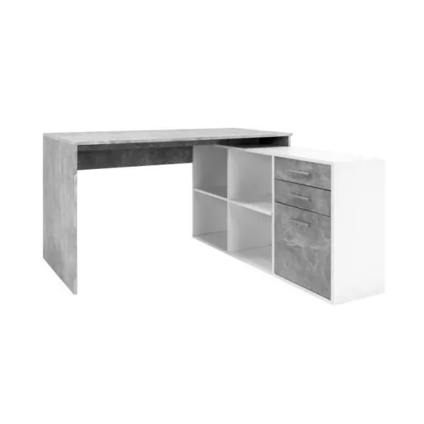 Bureau d'angle London - Panneaux de particules - Décor béton structuré, blanc - 136 x 75 x 139 cm