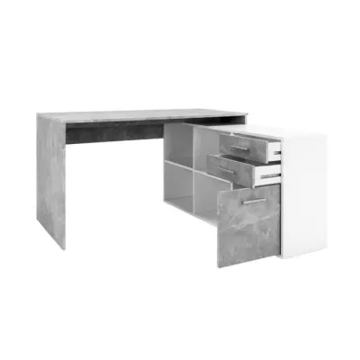 Bureau d'angle London - Panneaux de particules - Décor béton structuré, blanc - 136 x 75 x 139 cm