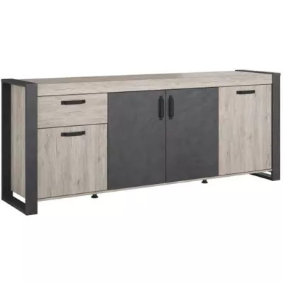 Buffet enfilade CESAR - Décor chene beige grisé et noir - 1 Tiroir et 4 Portes - L 217,8 x P 49,8 x H 86,7 cm - PARISOT