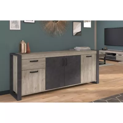 Buffet enfilade CESAR - Décor chene beige grisé et noir - 1 Tiroir et 4 Portes - L 217,8 x P 49,8 x H 86,7 cm - PARISOT