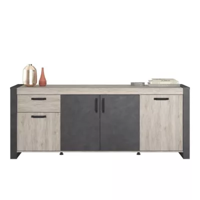 Buffet enfilade CESAR - Décor chene beige grisé et noir - 1 Tiroir et 4 Portes - L 217,8 x P 49,8 x H 86,7 cm - PARISOT