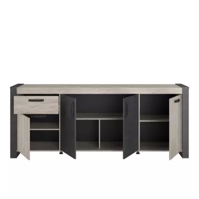 Buffet enfilade CESAR - Décor chene beige grisé et noir - 1 Tiroir et 4 Portes - L 217,8 x P 49,8 x H 86,7 cm - PARISOT