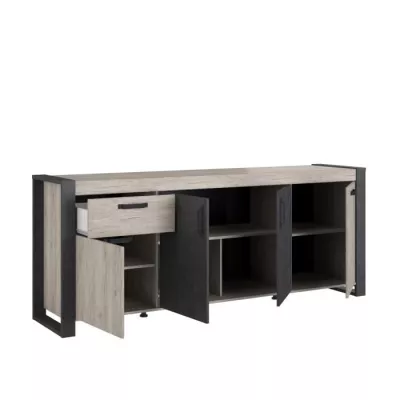 Buffet enfilade CESAR - Décor chene beige grisé et noir - 1 Tiroir et 4 Portes - L 217,8 x P 49,8 x H 86,7 cm - PARISOT