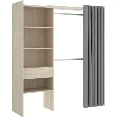 Dressing extensible avec rideau + 1 tiroir - SUIT - Décor chene naturel - Contemporain - Design