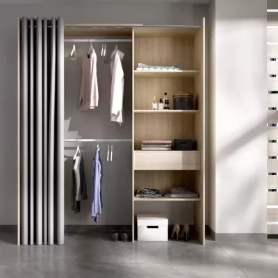 Dressing extensible avec rideau + 1 tiroir - SUIT - Décor chene naturel - Contemporain - Design