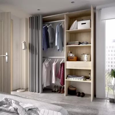 Dressing extensible avec rideau + 1 tiroir - SUIT - Décor chene naturel - Contemporain - Design