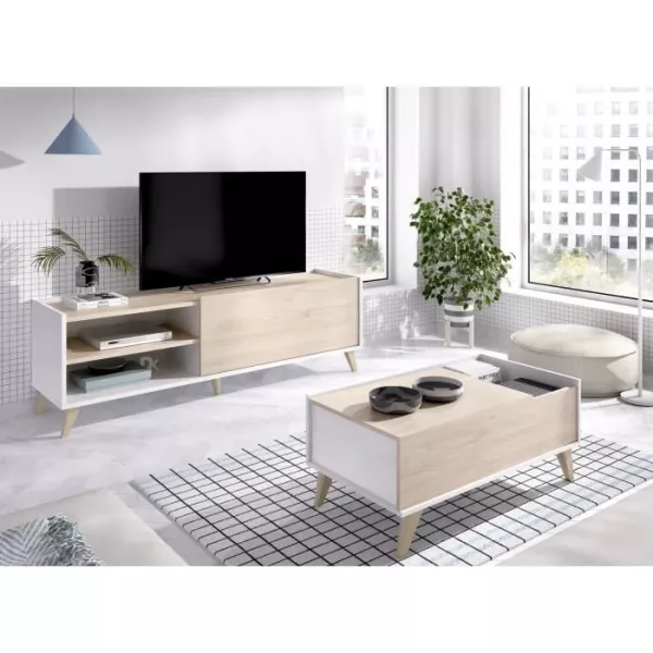 Ensemble salon NESS : Meuble TV + Table basse relevable - Mélaminé - Décor chene clair et blanc