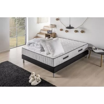 Pack pret a dormir Matelas + Sommier 160x200 cm + Couette + 2 Oreillers - 7 zones de confort - DEKO DREAM Extra