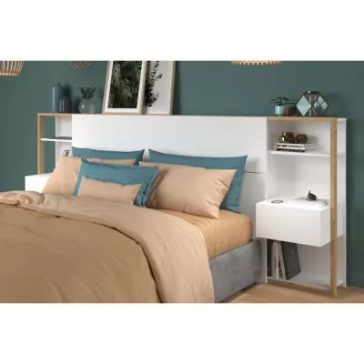 PARISOT Tete de Lit avec étageres + chevets intégrés - Décor blanc et chene - L 255 x P 36 x H 103 cm - WHITE