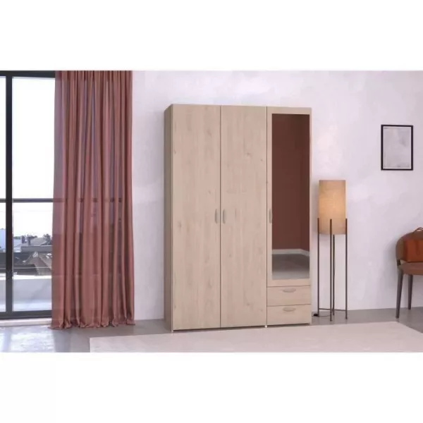 Armoire VARIA - Décor chene et blanc - 3 portes - 2 tiroirs - Porte droite avec miroir - 120,3 x 185 x 51,7