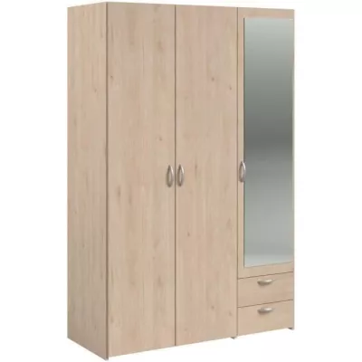 Armoire VARIA - Décor chene et blanc - 3 portes - 2 tiroirs - Porte droite avec miroir - 120,3 x 185 x 51,7