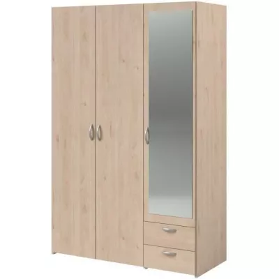 Armoire VARIA - Décor chene et blanc - 3 portes - 2 tiroirs - Porte droite avec miroir - 120,3 x 185 x 51,7