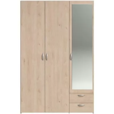 Armoire VARIA - Décor chene et blanc - 3 portes - 2 tiroirs - Porte droite avec miroir - 120,3 x 185 x 51,7