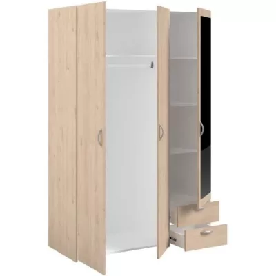 Armoire VARIA - Décor chene et blanc - 3 portes - 2 tiroirs - Porte droite avec miroir - 120,3 x 185 x 51,7