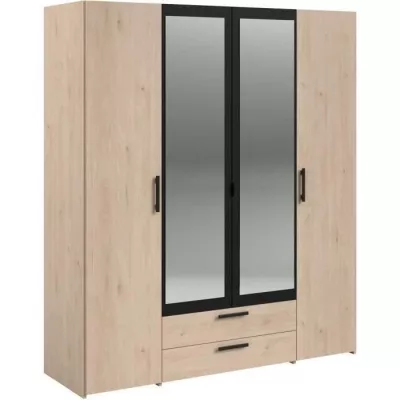 Armoire VARIA - Décor chene et noir - 4 portes 2 tiroirs - L160 x H 185 x P 51.7 cm