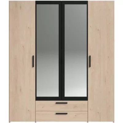 Armoire VARIA - Décor chene et noir - 4 portes 2 tiroirs - L160 x H 185 x P 51.7 cm