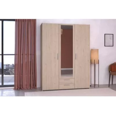 Armoire VARIA - Décor chene - 3 portes + 2 tiroirs + miroir - L 150 x H 200 x 51 cm