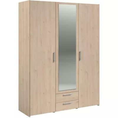 Armoire VARIA - Décor chene - 3 portes + 2 tiroirs + miroir - L 150 x H 200 x 51 cm