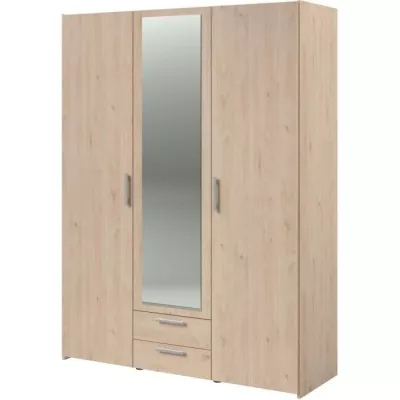 Armoire VARIA - Décor chene - 3 portes + 2 tiroirs + miroir - L 150 x H 200 x 51 cm