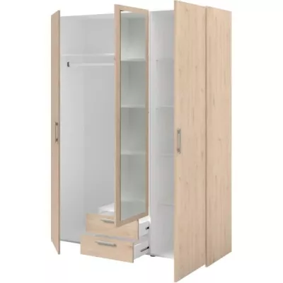 Armoire VARIA - Décor chene - 3 portes + 2 tiroirs + miroir - L 150 x H 200 x 51 cm