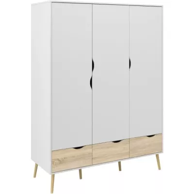 Armoire - Blanc / Chene - 3 portes / 3 tiroirs - Pietement évasé en bois massif - Chambre - 147,2 x 58,1 x 200,1 cm - TVILUM