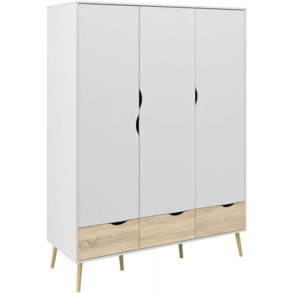 Armoire - Blanc / Chene - 3 portes / 3 tiroirs - Pietement évasé en bois massif - Chambre - 147,2 x 58,1 x 200,1 cm - TVILUM