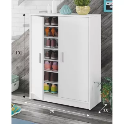 Meuble a chaussures armoire BASIC - 2 portes + 6 étageres - Mélaminé blanc - 30 paires - L75 x P36 x H101 cm