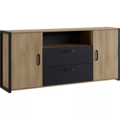 Buffet Mélaminé chene et noir - style industriel - L 180x40 x 84 cm